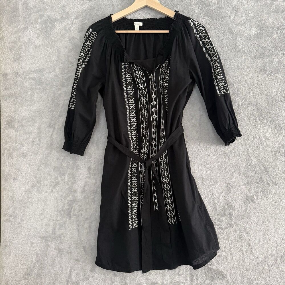 Caslon Boho Embroidered Cotton Dress w/ Slip Womens Small Black Ivory Tie